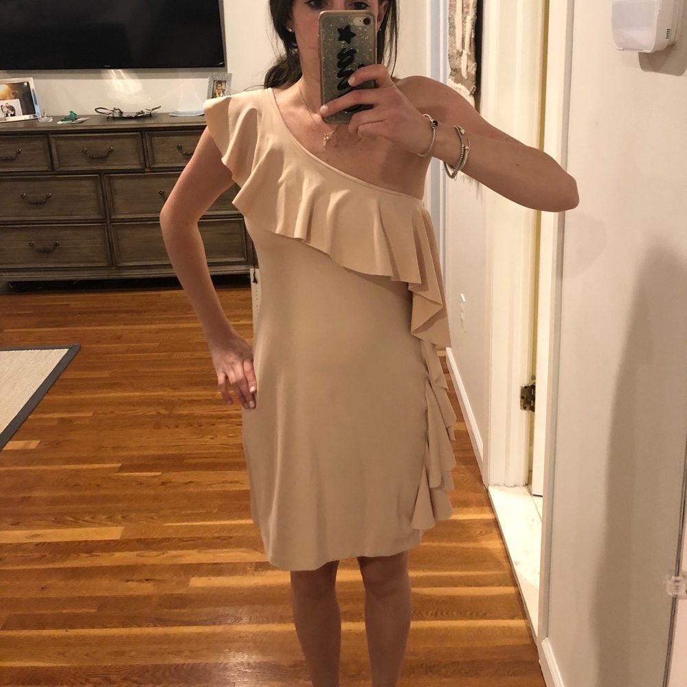 Susana Monaco Beige Ruffle Shoulder Dress